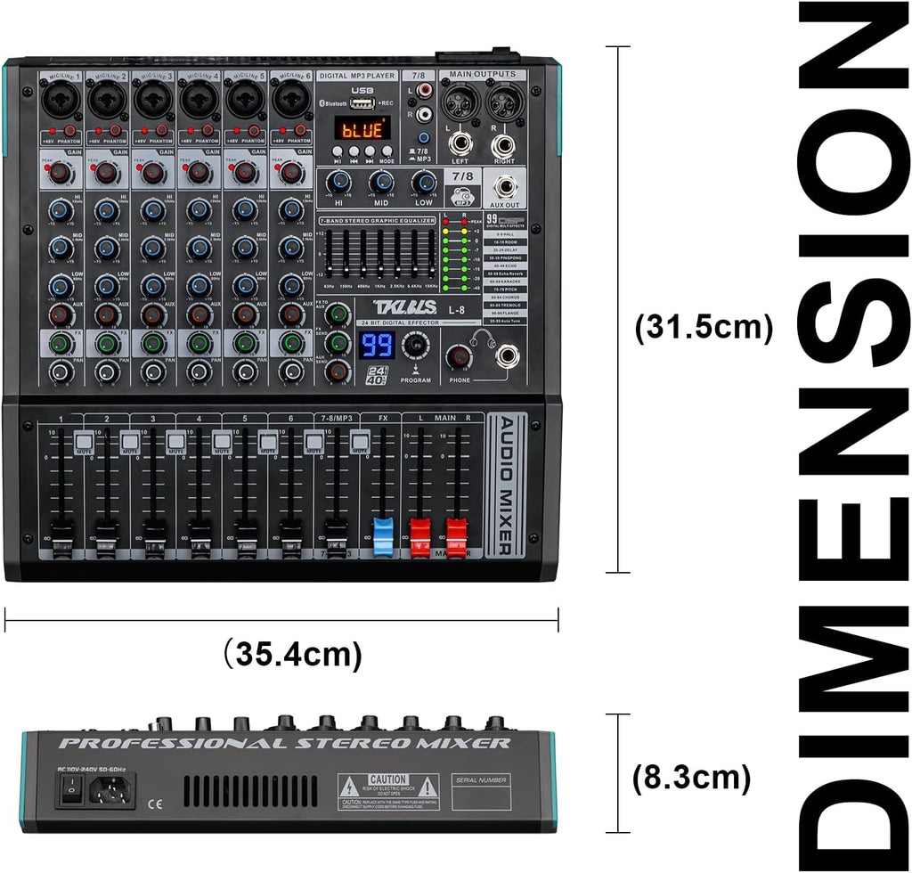 8-Channel Audio Mixer with USB, 99 DSP Effects, 48V Phantom Power | 7-Band Output EQ, 3-Band Channel EQ, Bluetooth and USB Recording for Live Sound, Karaoke and Streaming