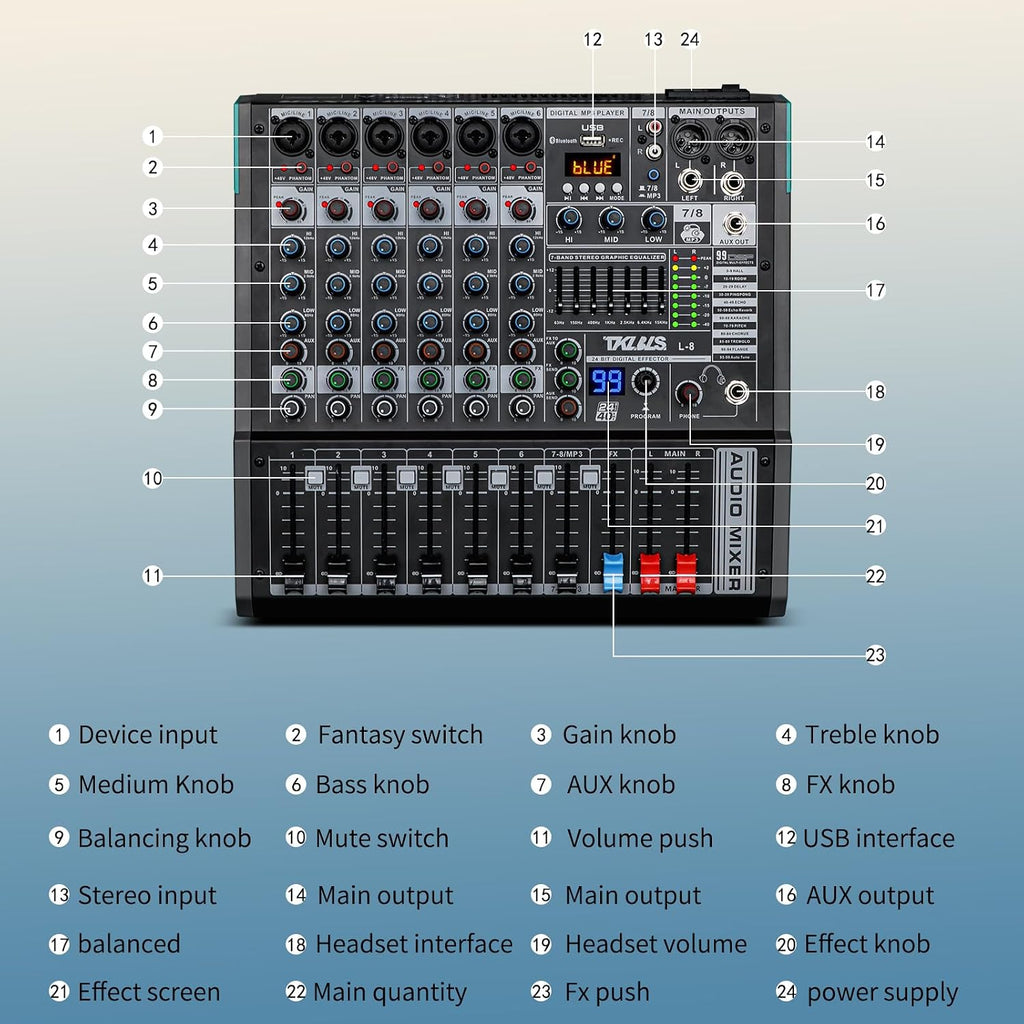 8-Channel Audio Mixer with USB, 99 DSP Effects, 48V Phantom Power | 7-Band Output EQ, 3-Band Channel EQ, Bluetooth and USB Recording for Live Sound, Karaoke and Streaming