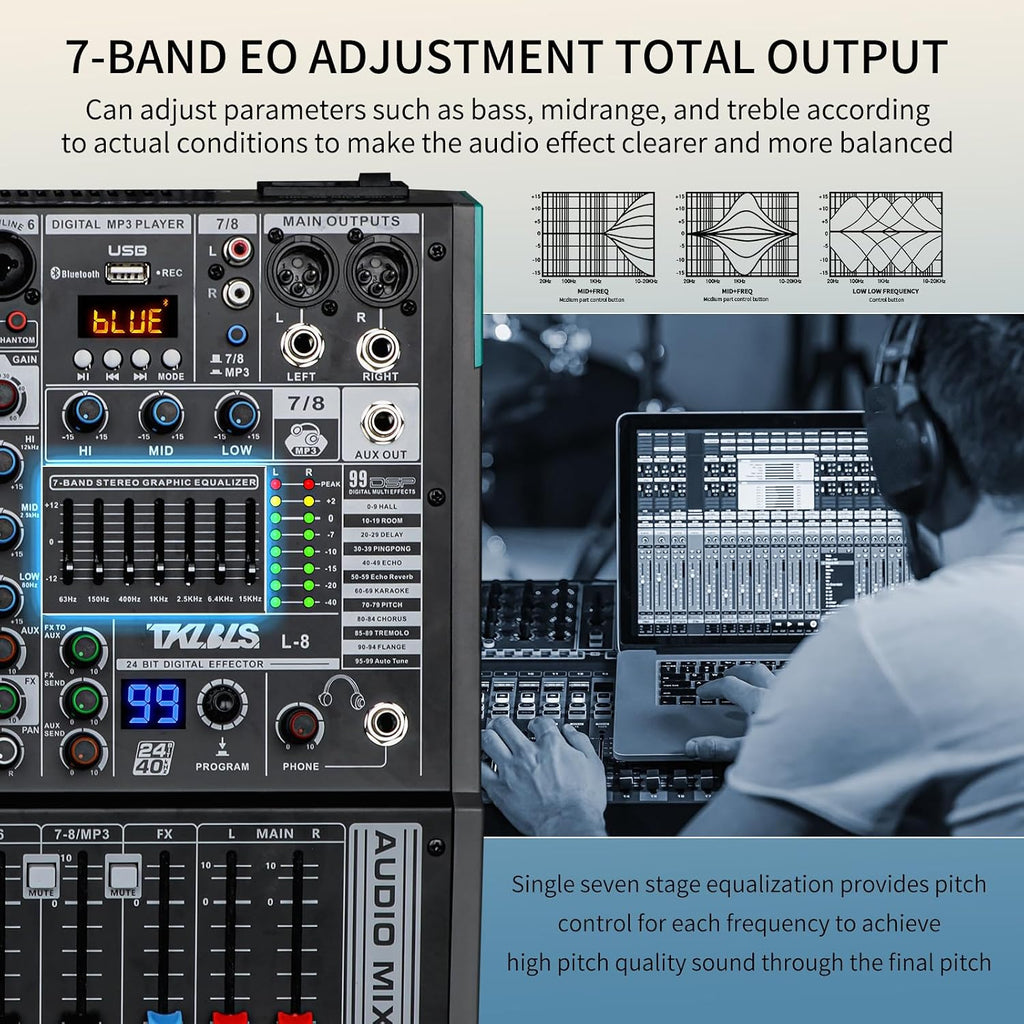 8-Channel Audio Mixer with USB, 99 DSP Effects, 48V Phantom Power | 7-Band Output EQ, 3-Band Channel EQ, Bluetooth and USB Recording for Live Sound, Karaoke and Streaming