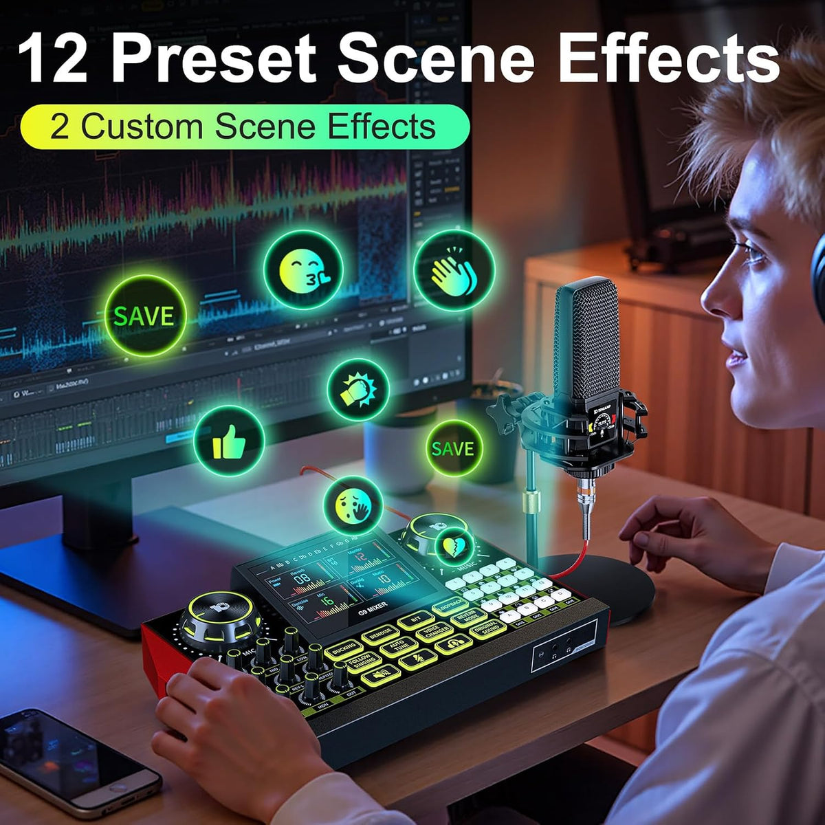 Podcast Equipment Bundle with Audio Mixer Sound Card and Podcast Microphone, Compatible with PC and Mobile Phones for Live Streaming, Singing, Recording, and Content Creation
