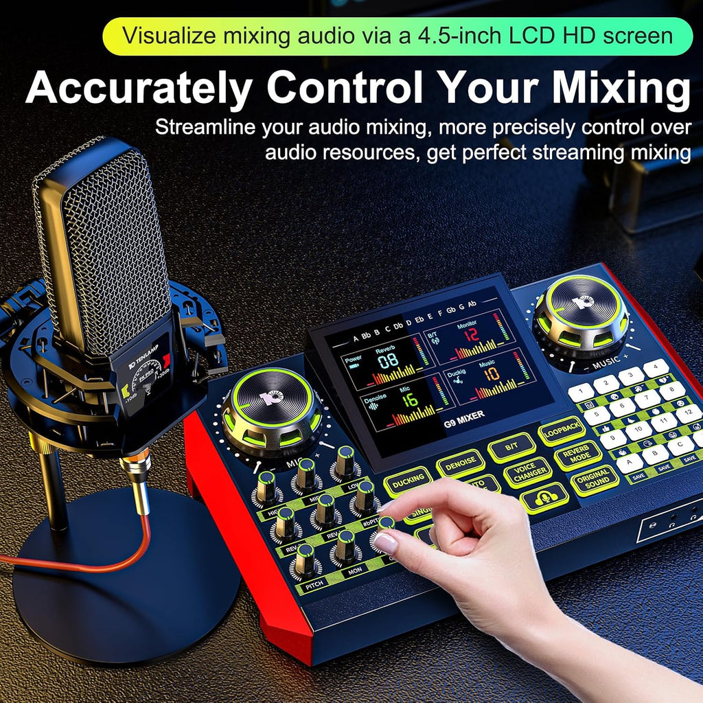 Podcast Equipment Bundle with Audio Mixer Sound Card and Podcast Microphone, Compatible with PC and Mobile Phones for Live Streaming, Singing, Recording, and Content Creation