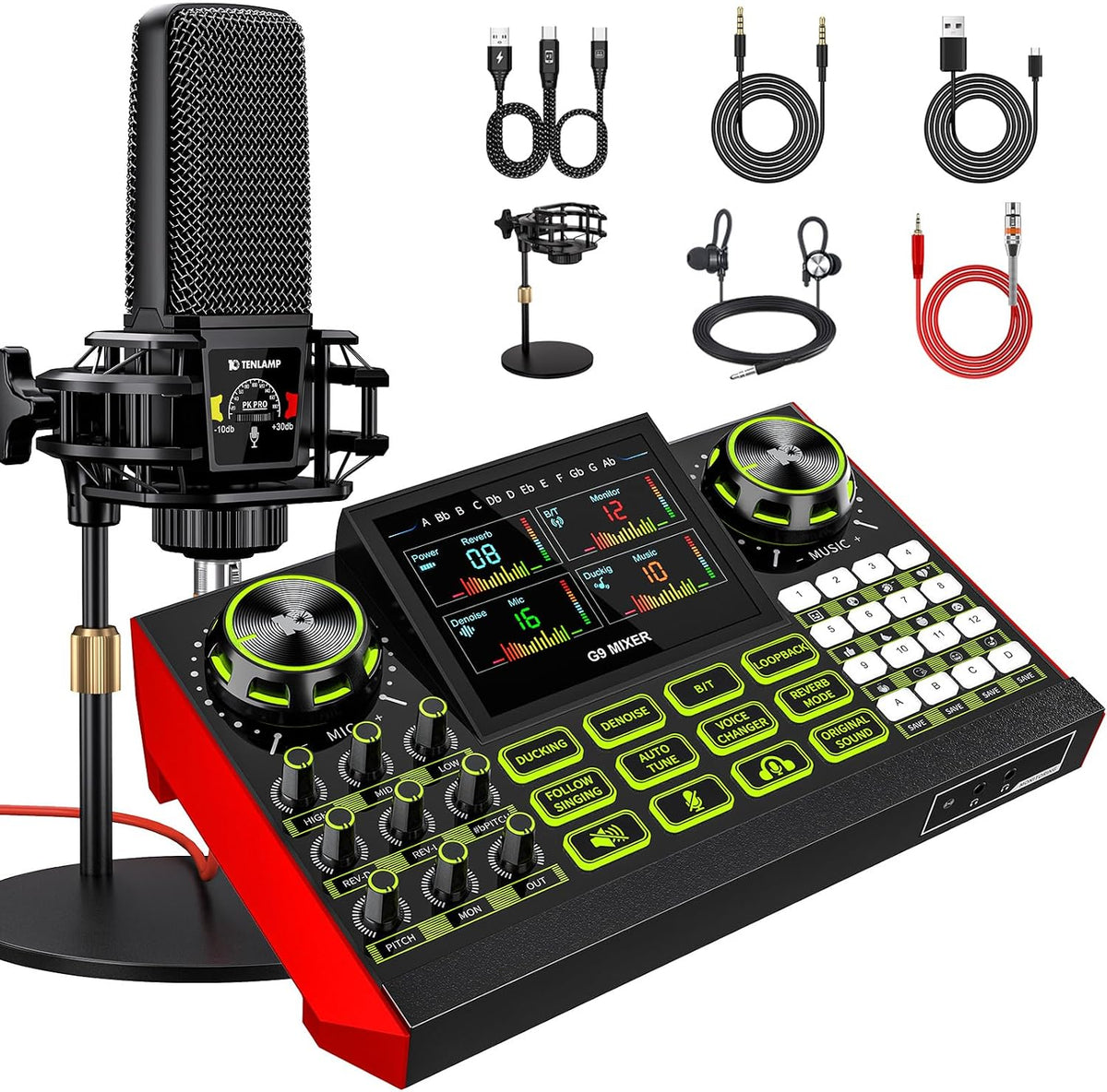 Podcast Equipment Bundle with Audio Mixer Sound Card and Podcast Microphone, Compatible with PC and Mobile Phones for Live Streaming, Singing, Recording, and Content Creation