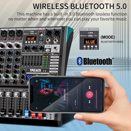 8-Channel Audio Mixer with USB, 99 DSP Effects, 48V Phantom Power | 7-Band Output EQ, 3-Band Channel EQ, Bluetooth and USB Recording for Live Sound, Karaoke and Streaming