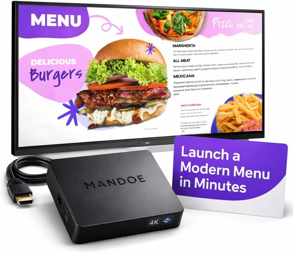 Essentials Digital Signage Player for Restaurants & Business | Plug & Play, AI Content Creation, HDMI Connectivity, Multi-Screen Support, Remote Management, Offline Playback