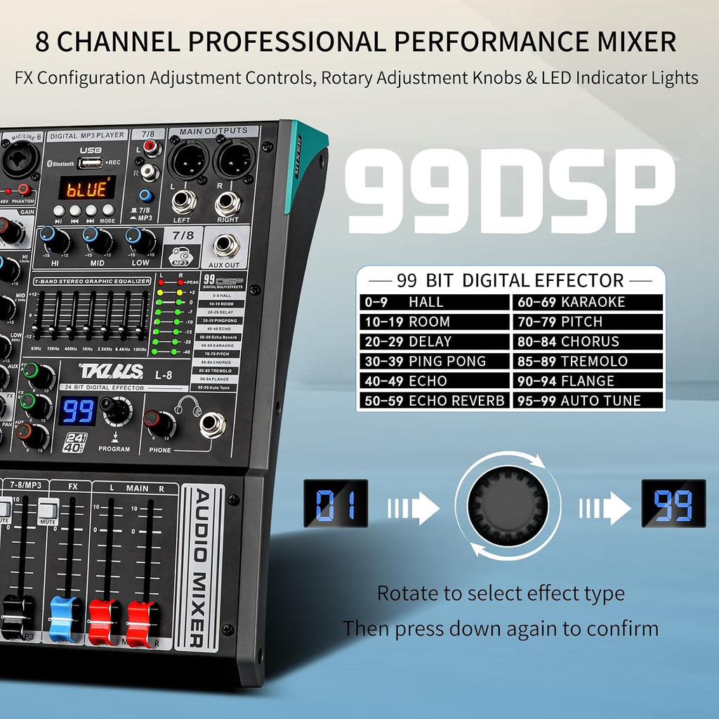 8-Channel Audio Mixer with USB, 99 DSP Effects, 48V Phantom Power | 7-Band Output EQ, 3-Band Channel EQ, Bluetooth and USB Recording for Live Sound, Karaoke and Streaming