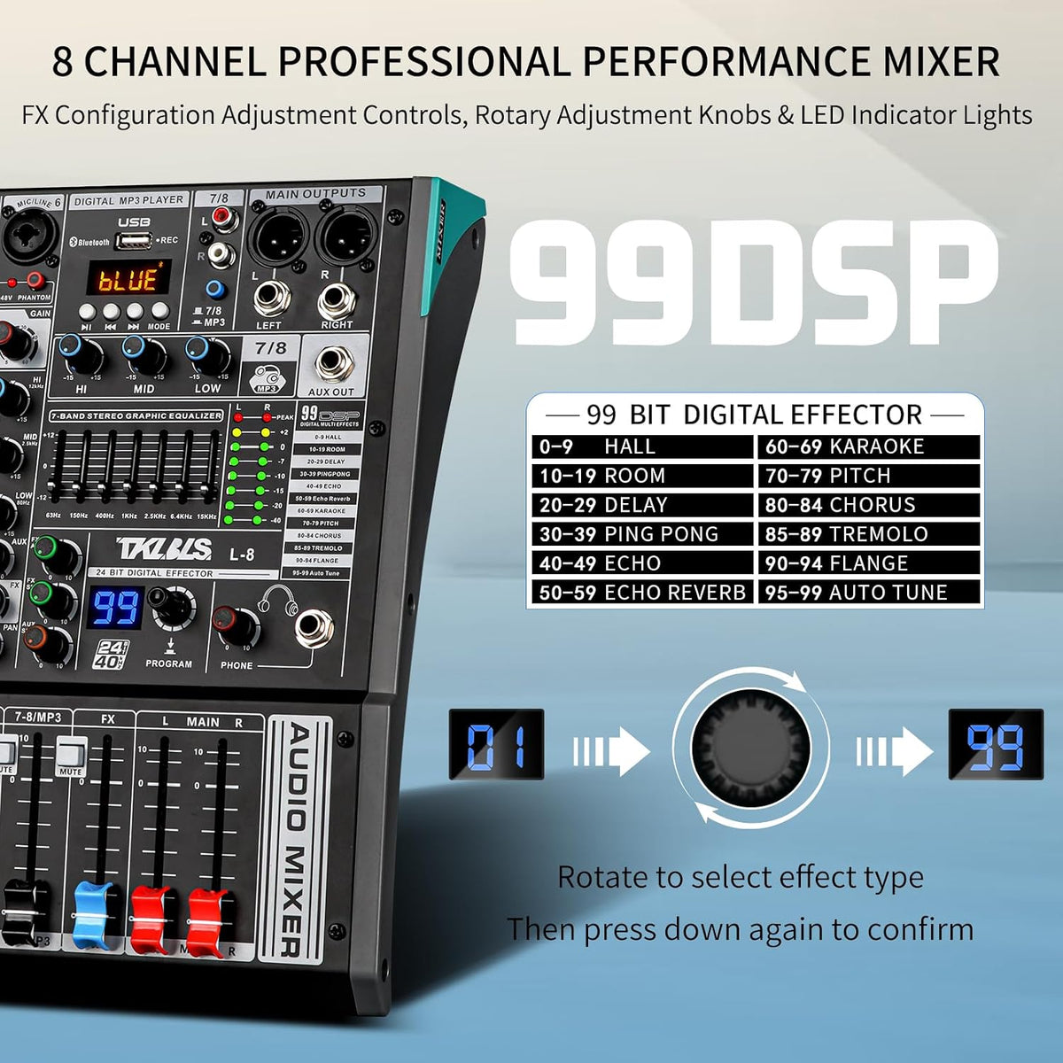 8-Channel Audio Mixer with USB, 99 DSP Effects, 48V Phantom Power | 7-Band Output EQ, 3-Band Channel EQ, Bluetooth and USB Recording for Live Sound, Karaoke and Streaming