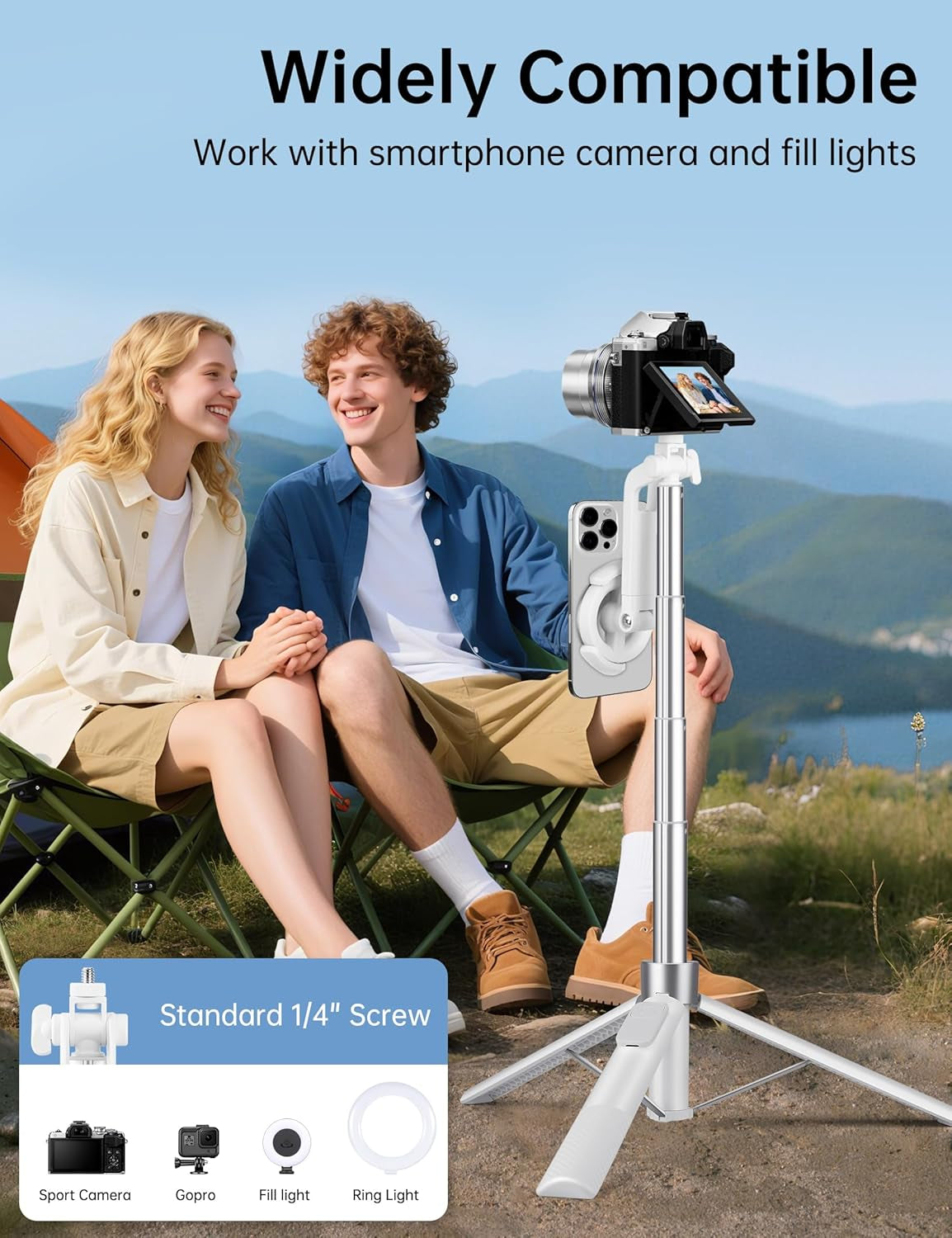 70" Magnetic Tripod for Iphone Magsafe, Extendable Selfie Stick Tripod | Rechargeable Remote & Magnetic Holder, 360° Rotatable Cell Phone Tripods Stand for Video Recording & Content Creation