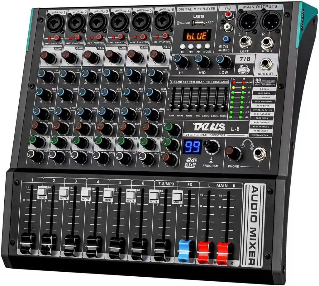 8-Channel Audio Mixer with USB, 99 DSP Effects, 48V Phantom Power | 7-Band Output EQ, 3-Band Channel EQ, Bluetooth and USB Recording for Live Sound, Karaoke and Streaming