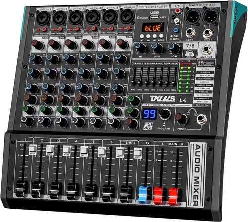 8-Channel Audio Mixer with USB, 99 DSP Effects, 48V Phantom Power | 7-Band Output EQ, 3-Band Channel EQ, Bluetooth and USB Recording for Live Sound, Karaoke and Streaming