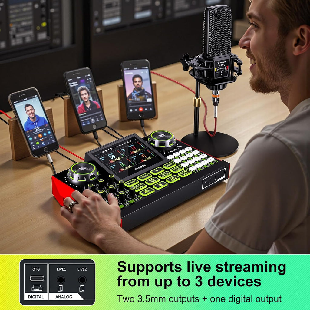Podcast Equipment Bundle with Audio Mixer Sound Card and Podcast Microphone, Compatible with PC and Mobile Phones for Live Streaming, Singing, Recording, and Content Creation
