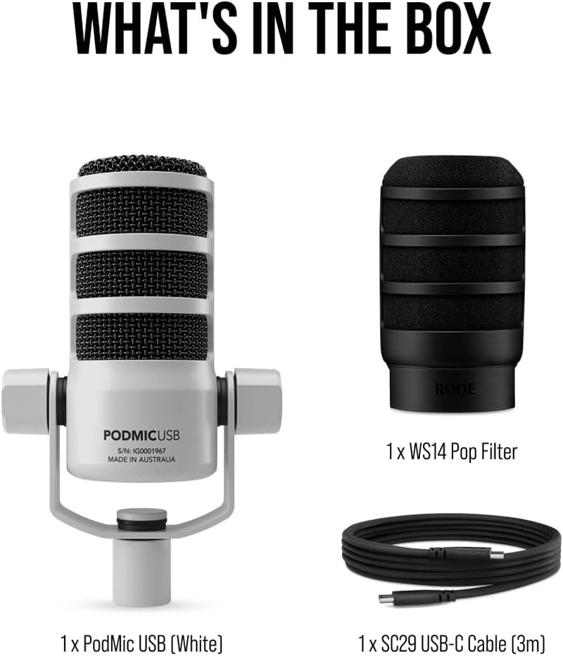 RØDE Podmic USB Dynamic Broadcast Microphone with XLR and USB Connectivity for Podcasting, Streaming and Content Creation (White) | XLR and USB Connectivity for Podcasting, Streaming and Content Creation White