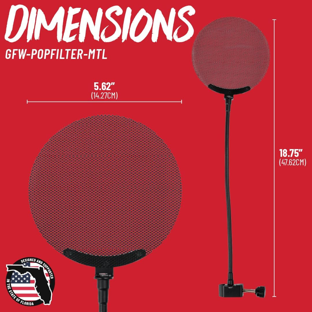 Metal Pop Filter with 12.4" Gooseneck (GFW-POPFILTER-MTL) | Great for Podcasting, Broadcasting, Content Creation, Angled Slats Divert Air for Cleaner Vocal Sound, Fits Stands up to 18Mm