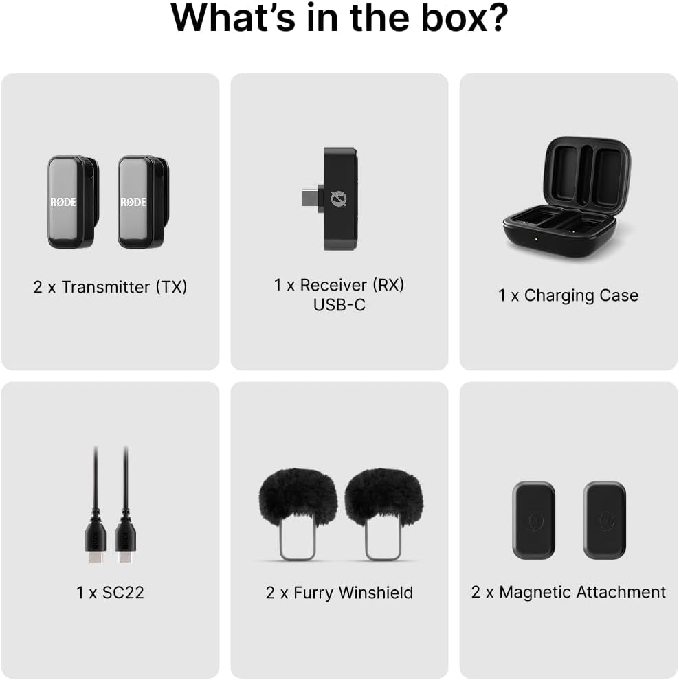 RØDE Wireless Micro - Compact Wireless Microphone, Two Mics with Charge Case for Smartphone Content Creation - USB-C, Black | Two Mics with Charge Case for Smartphone Content Creation, USB-C, Black